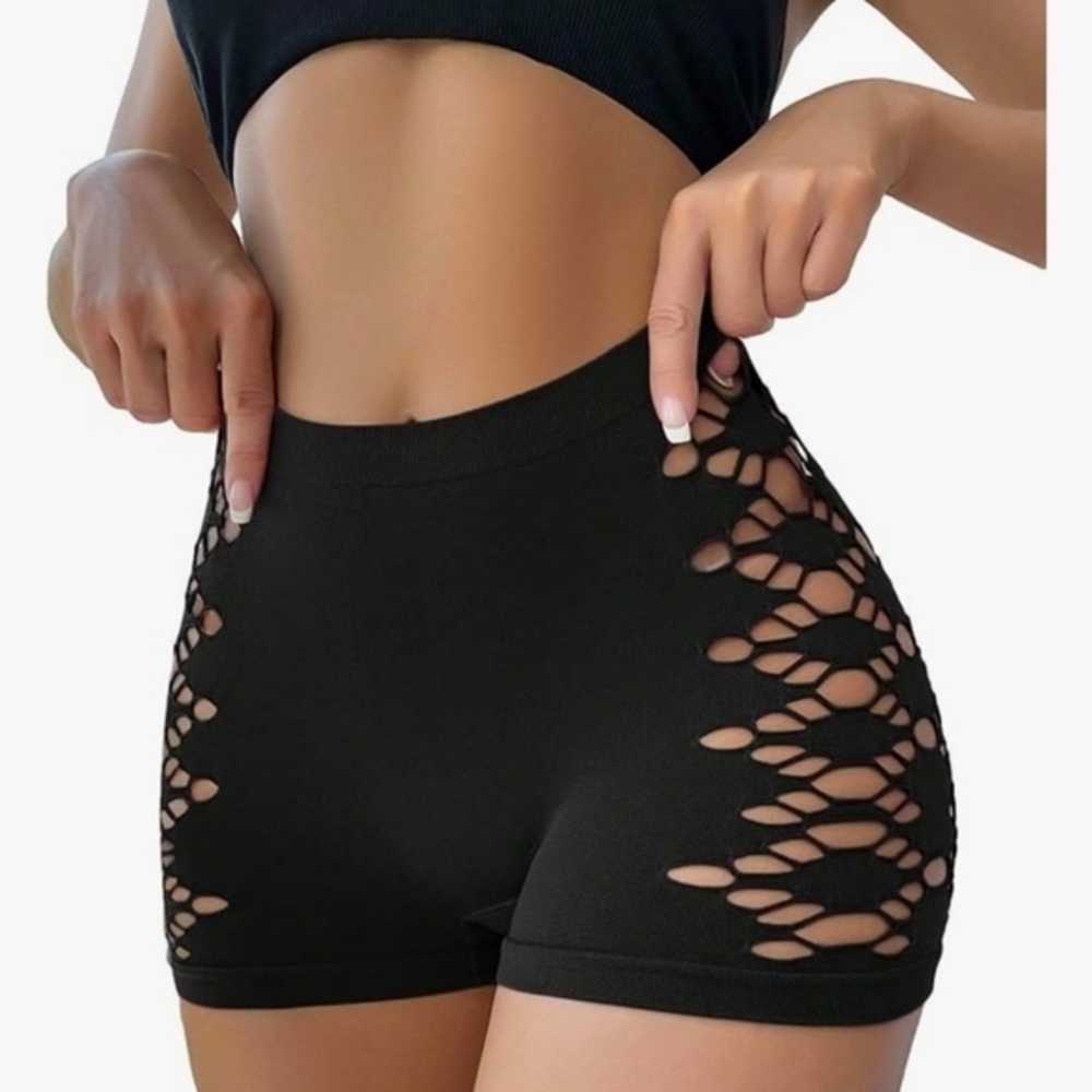Hollow Cut‎ Out Mid Rise Boyshort Panties Solid Plain Criss Cross Seamless